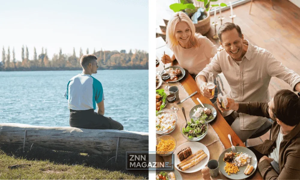 Collage showing two images representing how to build a balanced and fulfilling life in 2026, featuring a person meditating in a peaceful morning setting on the left and a family sharing a healthy meal together at a dining table on the right