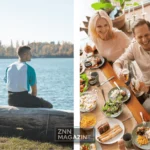 Collage showing two images representing how to build a balanced and fulfilling life in 2026, featuring a person meditating in a peaceful morning setting on the left and a family sharing a healthy meal together at a dining table on the right