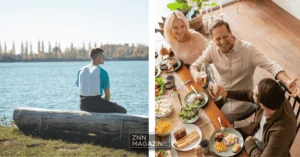 Collage showing two images representing how to build a balanced and fulfilling life in 2026, featuring a person meditating in a peaceful morning setting on the left and a family sharing a healthy meal together at a dining table on the right