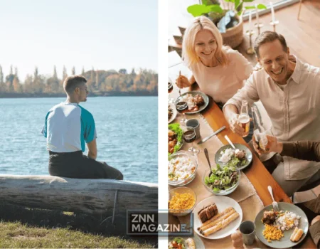 Collage showing two images representing how to build a balanced and fulfilling life in 2026, featuring a person meditating in a peaceful morning setting on the left and a family sharing a healthy meal together at a dining table on the right