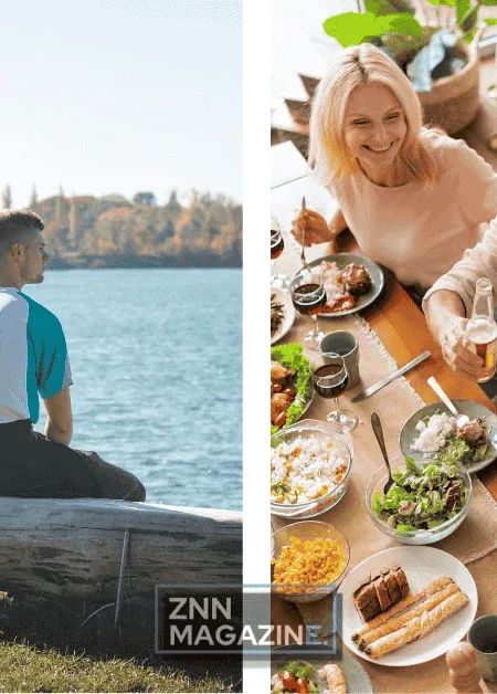 Collage showing two images representing how to build a balanced and fulfilling life in 2026, featuring a person meditating in a peaceful morning setting on the left and a family sharing a healthy meal together at a dining table on the right