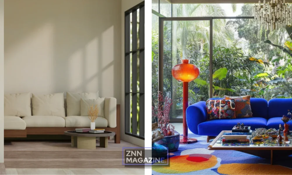 Collage showing two images of home décor inspired by celebrity mansions, featuring a minimalist living room with neutral tones and gallery wall on the left, and a bold maximalist space with vintage furniture and colorful textiles on the right