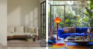 Collage showing two images of home décor inspired by celebrity mansions, featuring a minimalist living room with neutral tones and gallery wall on the left, and a bold maximalist space with vintage furniture and colorful textiles on the right