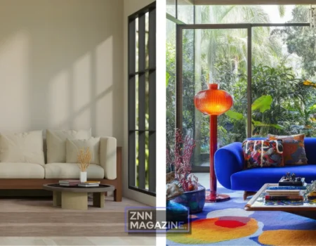 Collage showing two images of home décor inspired by celebrity mansions, featuring a minimalist living room with neutral tones and gallery wall on the left, and a bold maximalist space with vintage furniture and colorful textiles on the right