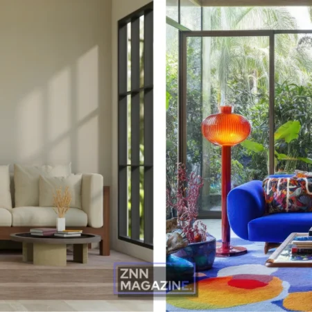 Collage showing two images of home décor inspired by celebrity mansions, featuring a minimalist living room with neutral tones and gallery wall on the left, and a bold maximalist space with vintage furniture and colorful textiles on the right