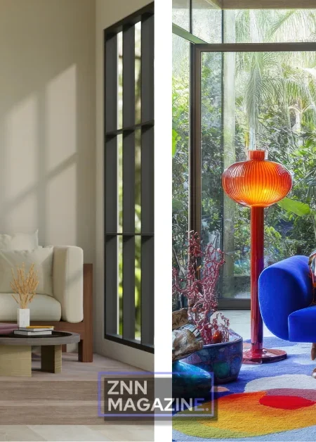 Collage showing two images of home décor inspired by celebrity mansions, featuring a minimalist living room with neutral tones and gallery wall on the left, and a bold maximalist space with vintage furniture and colorful textiles on the right