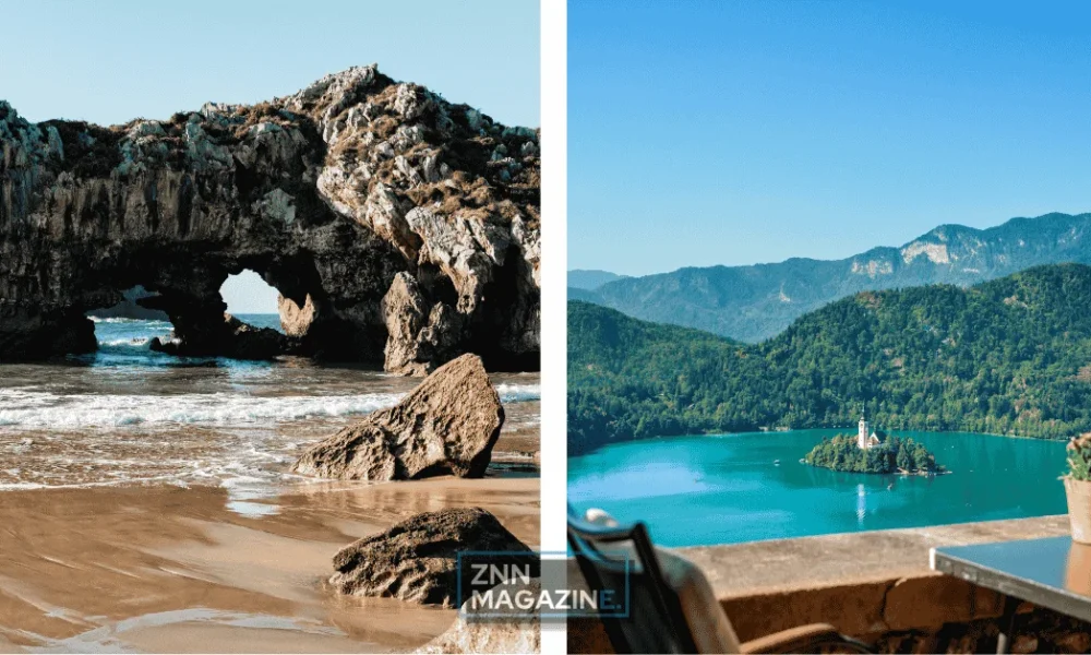 Collage showing celebrity vacation spots you can actually visit with one image of Lake Como waterfront villas against mountain backdrop and another of Cabo San Lucas beach with dramatic rock formations