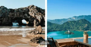 Collage showing celebrity vacation spots you can actually visit with one image of Lake Como waterfront villas against mountain backdrop and another of Cabo San Lucas beach with dramatic rock formations