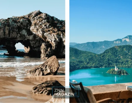 Collage showing celebrity vacation spots you can actually visit with one image of Lake Como waterfront villas against mountain backdrop and another of Cabo San Lucas beach with dramatic rock formations