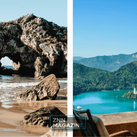 Collage showing celebrity vacation spots you can actually visit with one image of Lake Como waterfront villas against mountain backdrop and another of Cabo San Lucas beach with dramatic rock formations