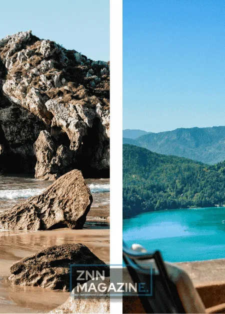 Collage showing celebrity vacation spots you can actually visit with one image of Lake Como waterfront villas against mountain backdrop and another of Cabo San Lucas beach with dramatic rock formations