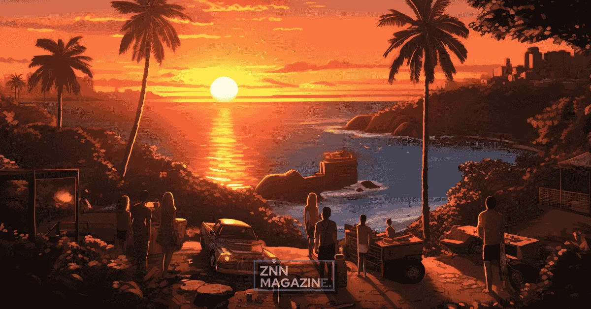 AI-generated image showing celebrity vacation spots you can actually visit depicted as modern artistic representation of luxury beach resort with sunset, palm trees, and ocean horizon