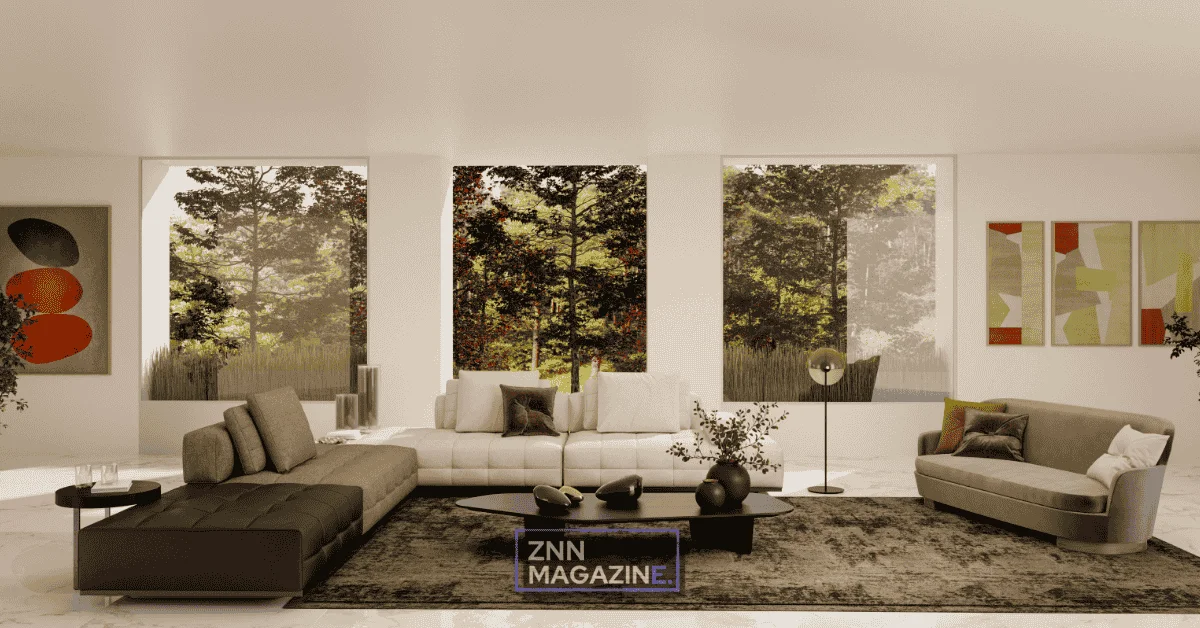 Elegant modern living room featuring home décor inspired by celebrity mansions with neutral sofa, gallery wall artwork, natural wood coffee table, indoor plants, and abundant natural light from floor-to-ceiling windows