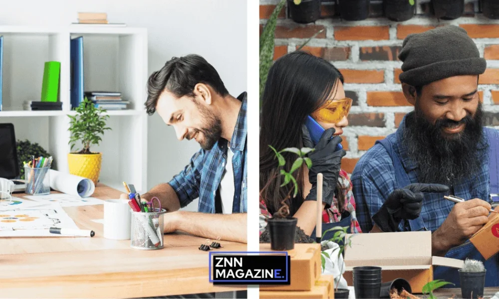 A collage showing two scenes of how to start a small business from scratch, with people brainstorming ideas, sketching plans, and working together in creative workspaces filled with plants and notebooks.