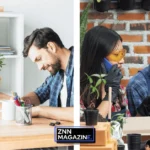A collage showing two scenes of how to start a small business from scratch, with people brainstorming ideas, sketching plans, and working together in creative workspaces filled with plants and notebooks.