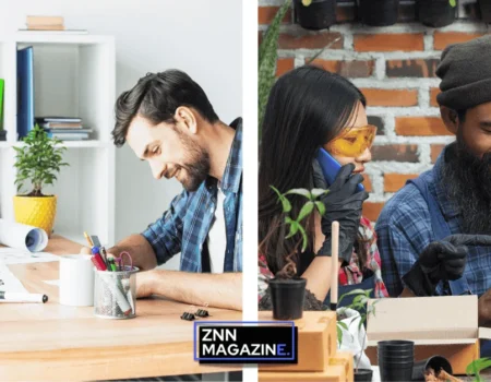 A collage showing two scenes of how to start a small business from scratch, with people brainstorming ideas, sketching plans, and working together in creative workspaces filled with plants and notebooks.