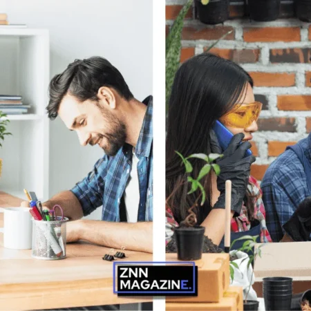 A collage showing two scenes of how to start a small business from scratch, with people brainstorming ideas, sketching plans, and working together in creative workspaces filled with plants and notebooks.