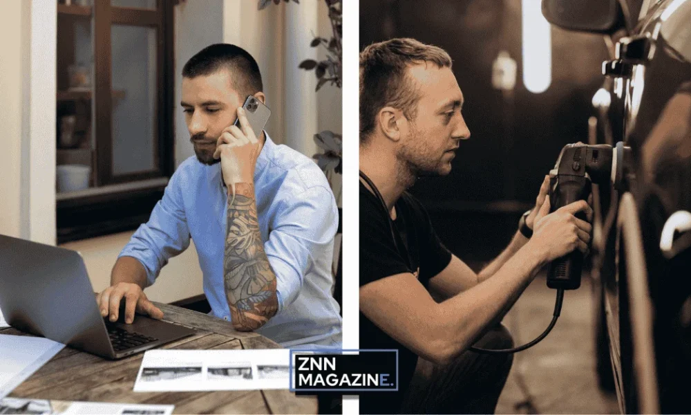 Collage showing a person working on a laptop at home for freelance services alongside someone cleaning a car exterior with professional mobile detailing equipment