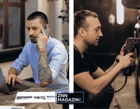 Collage showing a person working on a laptop at home for freelance services alongside someone cleaning a car exterior with professional mobile detailing equipment