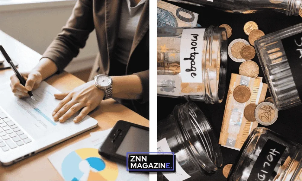 A collage featuring two images representing Personal Finance 101 for beginners—one showing a person organizing bills and creating a budget at a desk, and another displaying savings jars labeled with different financial goals like emergency fund and vacation
