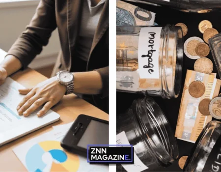 A collage featuring two images representing Personal Finance 101 for beginners—one showing a person organizing bills and creating a budget at a desk, and another displaying savings jars labeled with different financial goals like emergency fund and vacation