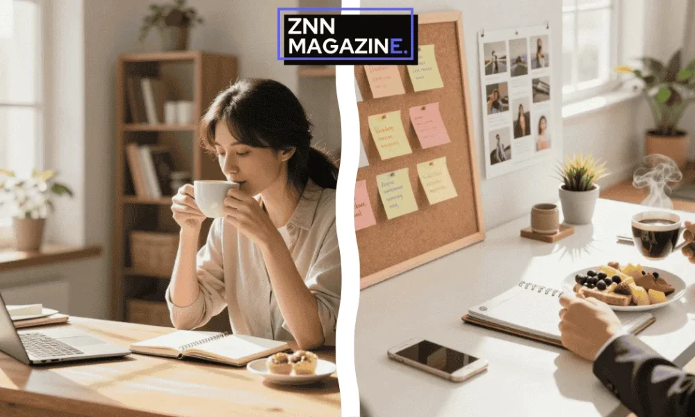 A white ceramic coffee mug sits next to an open notebook and a pen on a clean wooden desk bathed in bright morning sunlight.