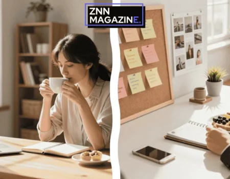 A white ceramic coffee mug sits next to an open notebook and a pen on a clean wooden desk bathed in bright morning sunlight.