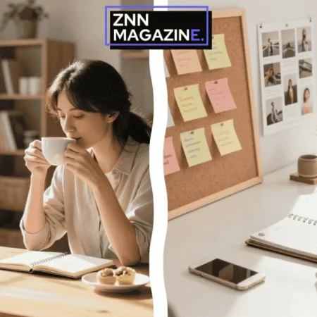 A white ceramic coffee mug sits next to an open notebook and a pen on a clean wooden desk bathed in bright morning sunlight.