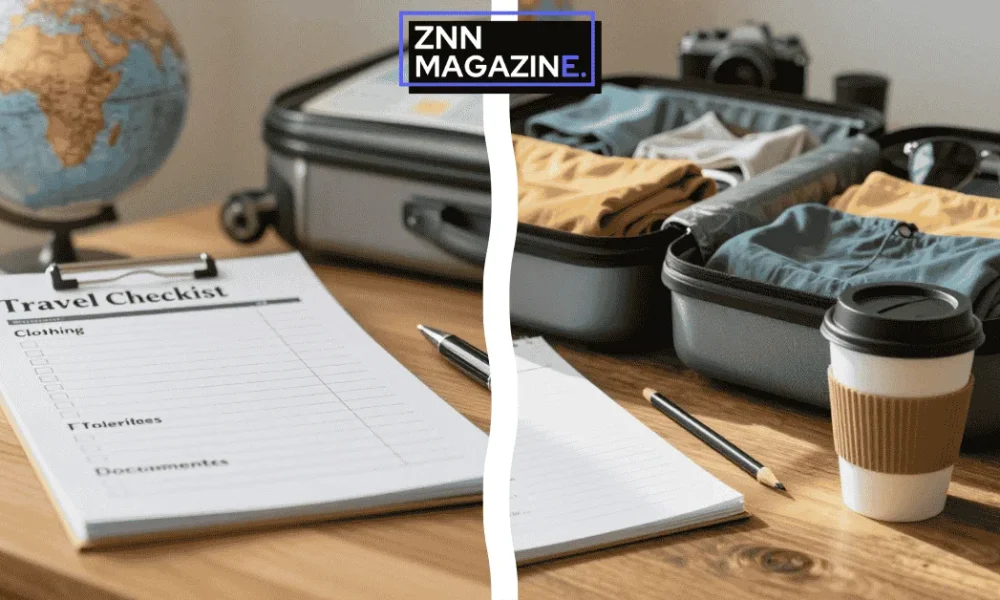 An open suitcase on a bed filled with folded clothes a passport a camera and a smartphone.