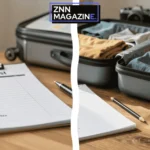 An open suitcase on a bed filled with folded clothes a passport a camera and a smartphone.