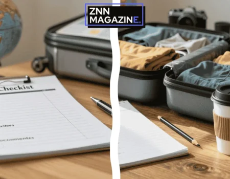 An open suitcase on a bed filled with folded clothes a passport a camera and a smartphone.