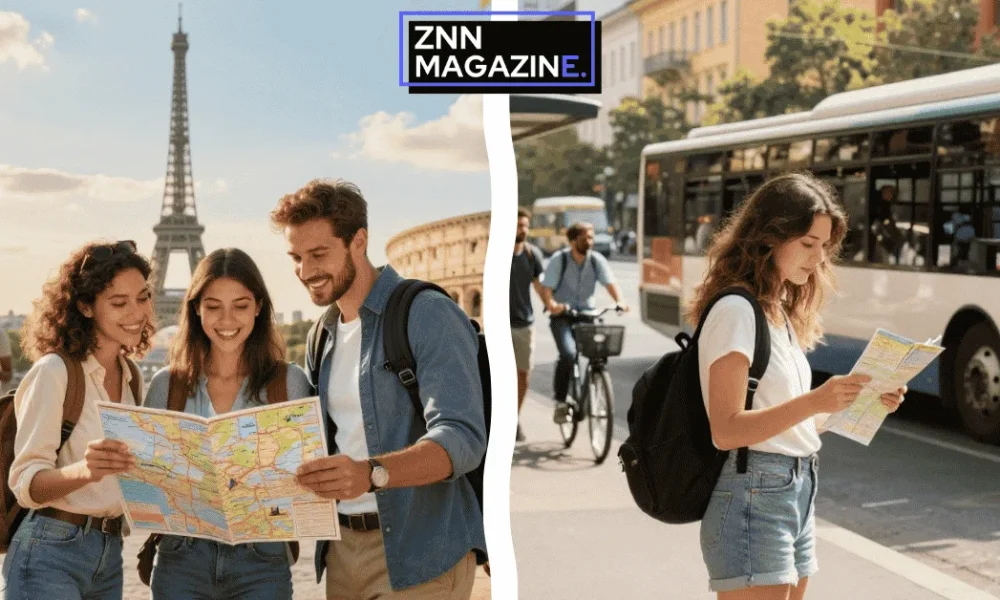 A traveler enjoys a scenic view of a historic European coastline in the background with a close-up of a premium leather passport holder and a smartphone displaying a flight deal confirmation in the foreground.