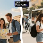 A traveler enjoys a scenic view of a historic European coastline in the background with a close-up of a premium leather passport holder and a smartphone displaying a flight deal confirmation in the foreground.