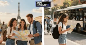 A traveler enjoys a scenic view of a historic European coastline in the background with a close-up of a premium leather passport holder and a smartphone displaying a flight deal confirmation in the foreground.