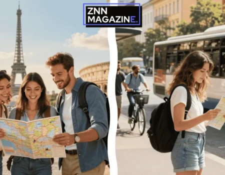 A traveler enjoys a scenic view of a historic European coastline in the background with a close-up of a premium leather passport holder and a smartphone displaying a flight deal confirmation in the foreground.
