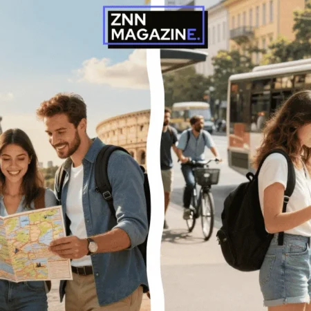A traveler enjoys a scenic view of a historic European coastline in the background with a close-up of a premium leather passport holder and a smartphone displaying a flight deal confirmation in the foreground.