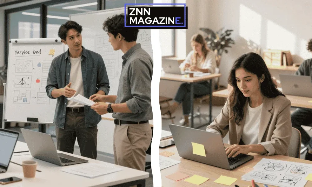 An entrepreneur executes low investment business ideas in a modern co-working space background with a close-up of a smartphone displaying real-time revenue growth charts in the foreground.