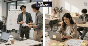 An entrepreneur executes low investment business ideas in a modern co-working space background with a close-up of a smartphone displaying real-time revenue growth charts in the foreground.