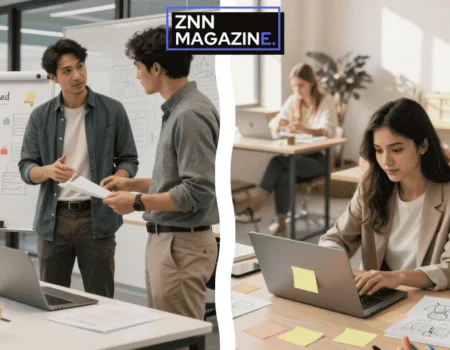 An entrepreneur executes low investment business ideas in a modern co-working space background with a close-up of a smartphone displaying real-time revenue growth charts in the foreground.