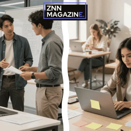 An entrepreneur executes low investment business ideas in a modern co-working space background with a close-up of a smartphone displaying real-time revenue growth charts in the foreground.